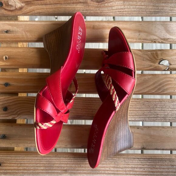 Franco Sarto Red Leather Braided Strap Wedge Sandals | Size 8.5M - Picture 9 of 10